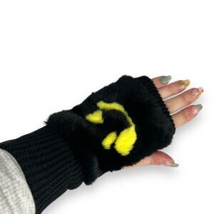 NEW Jocelyn Smiley Face Fingerless Gloves Black Yellow Happy Faux Fur Winter